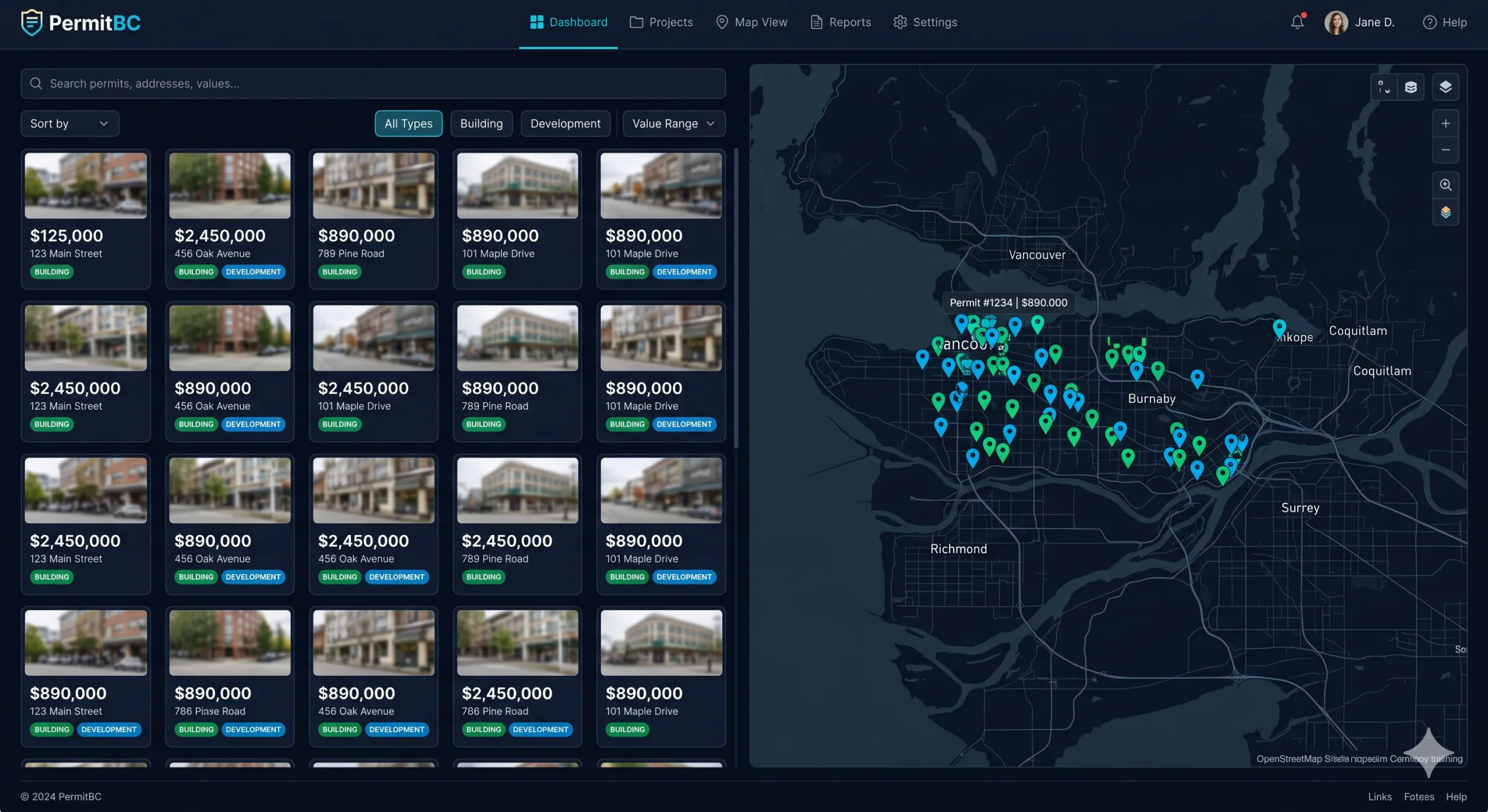 PermitBC dashboard showing permit map and contractor leads